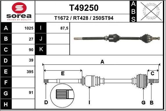 Полуось (привод в сборе, приводной вал) EAI. Артикул T49250