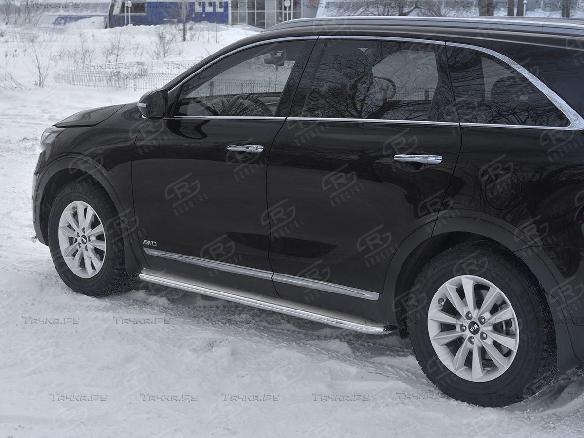 Защита порогов RusStal труба d42 с листом (лист нерж, проф. нерж) (вариант 3) для Kia Sorento III Prime рестайлинг 2017-2020. Артикул KSPL-0031403