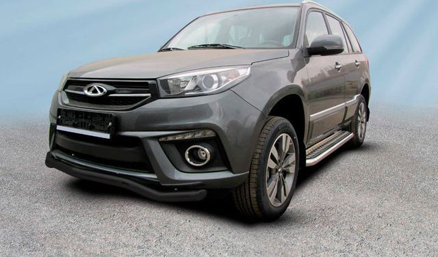 Защита Slitkoff переднего бампера d57 Волна для Chery Tiggo 3 2017-2020 Черная. Артикул CT3-001В