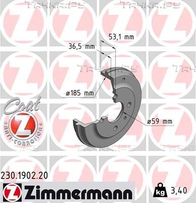 Тормозной барабан Zimmermann Coat Z задний для Fiat Seicento I 1997-2010. Артикул 230.1902.20