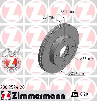 Тормозной диск Zimmermann Coat Z передний для Nissan NV200 2010-2026. Артикул 200.2524.20