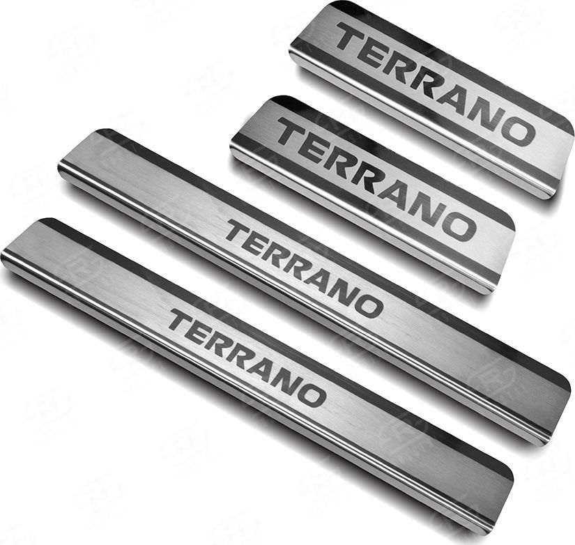 Накладки RusStal на пороги (лист нерж. шлифованный с надписью) для Nissan Terrano III 2014-2026. Артикул NISTR14-03