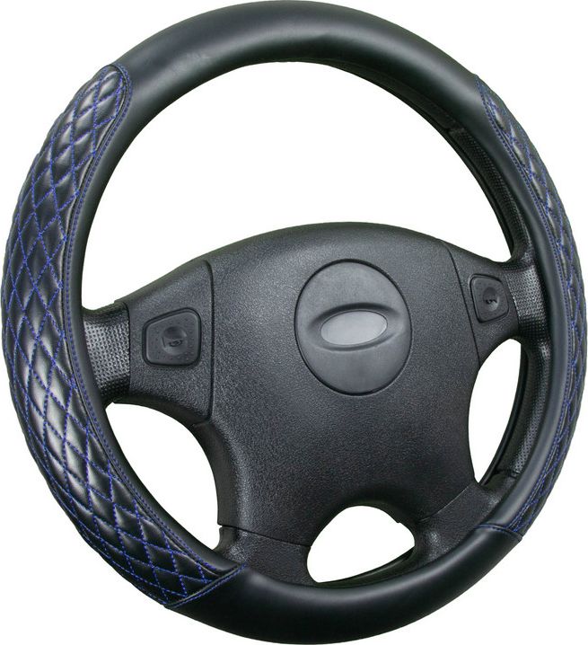 Оплётка на руль CarFashion Romb (размер M, экокожа, цвет ЧЕРНЫЙ/ЧЕРНЫЙ/СИНИЙ). Артикул 31551