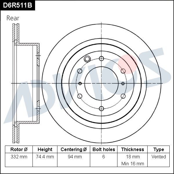 Тормозной диск Advics задний для Mitsubishi Pajero IV 2006-2026. Артикул D6R511B