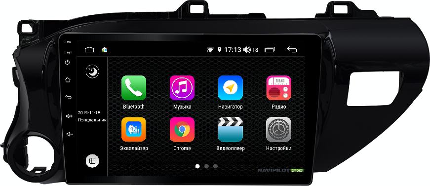 Штатное головное устройство NaviPilot с экраном 10" Android 9 DSP, 4G сенсорные кнопки для Toyota Hilux VIII 2015-2026. Артикул NPD9L-WRG-T1077-10