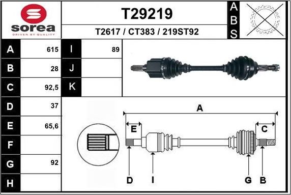 Полуось (привод в сборе, приводной вал) EAI. Артикул T29219