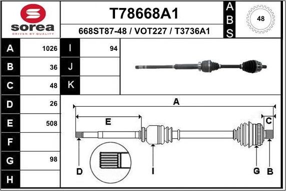 Полуось (привод в сборе, приводной вал) EAI для Volvo V70 II 2001-2007. Артикул T78668A1