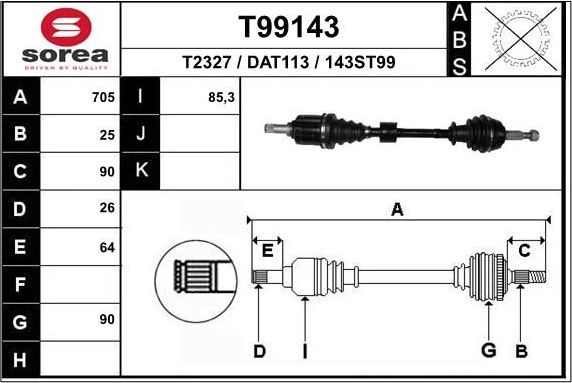Полуось (привод в сборе, приводной вал) EAI. Артикул T99143
