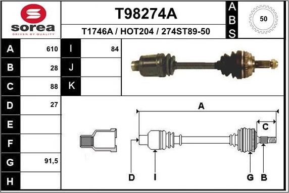 Полуось (привод в сборе, приводной вал) EAI. Артикул T98274A