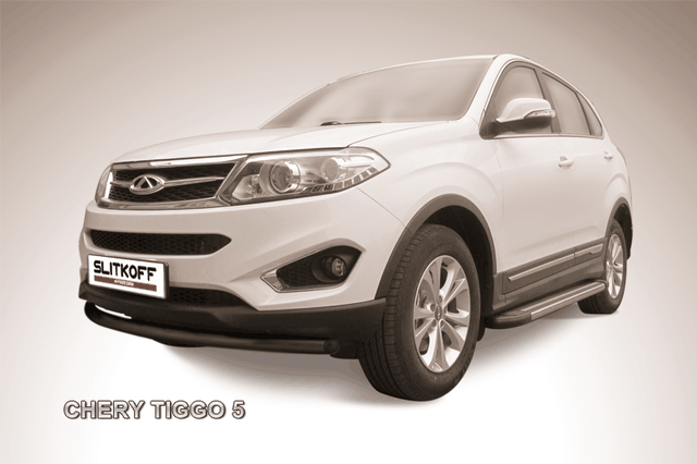 Защита Slitkoff переднего бампера d57 радиусная ЧЕРНАЯ матовая для Chery Tiggo 5 2014-2020. Артикул CT5-003B