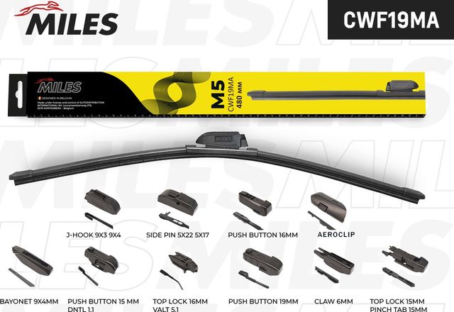 Щётка стеклоочистителя 480 мм (19) бескаркасная (10 адаптеров) (Miles). Артикул CWF19MA