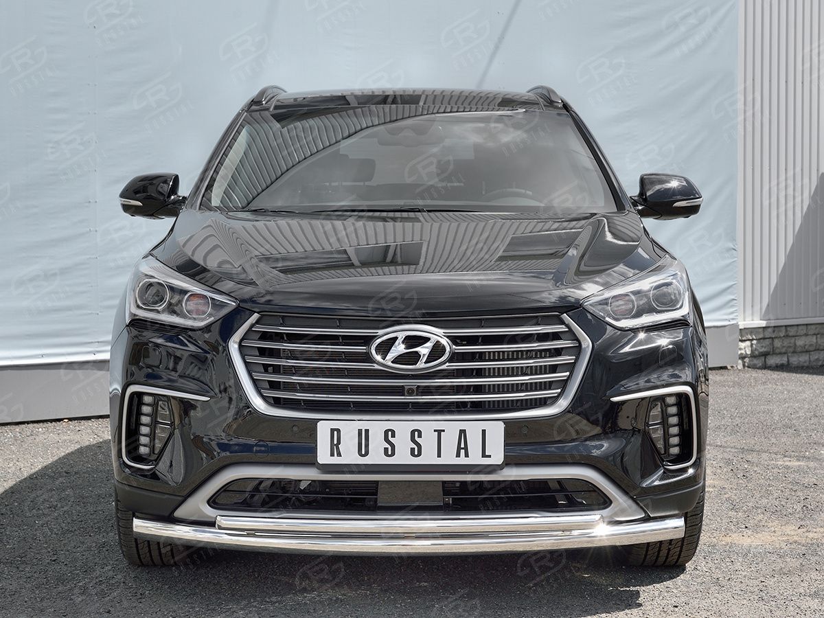 Защита RusStal переднего бампера d63/d42 (дуга) для Hyundai Santa Fe Grand 2016-2026. Артикул HSFZ-002732