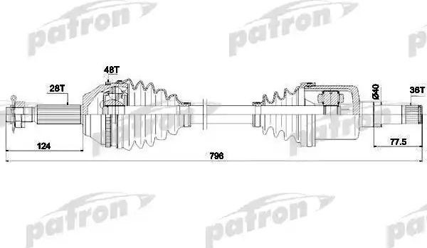 Полуось (привод в сборе, приводной вал) Patron передняя левая для Ford Transit VII 2006-2014. Артикул PDS0302