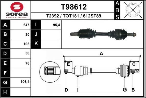 Полуось (привод в сборе, приводной вал) EAI. Артикул T98612
