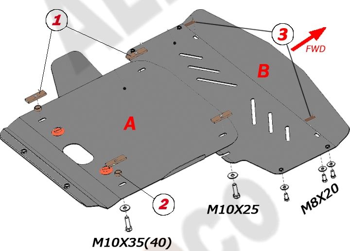 Защита алюминиевая Alfeco для радиатора и картера (2 части) Mercedes-Benz E-Класс W210 (кроме 4WD) 1995-2002. Артикул ALF.36.02al