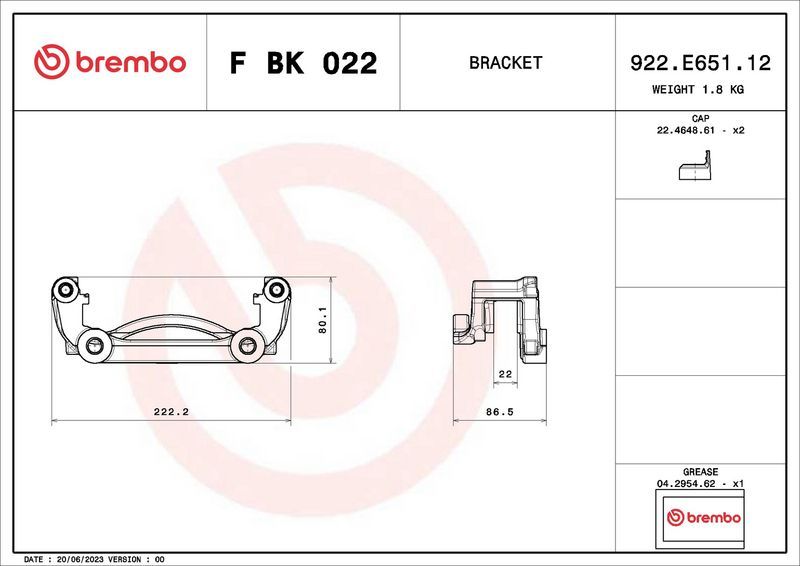 Скоба тормозного суппорта Brembo (Серый чугун). Артикул F BK 022