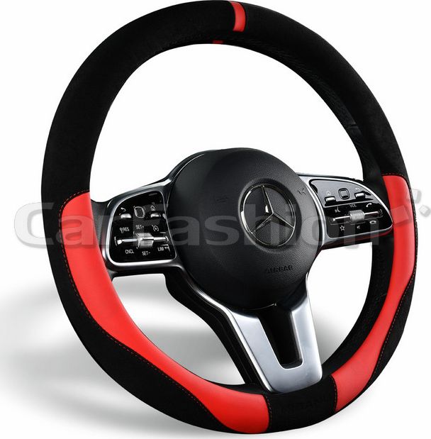 Оплётка на руль CarFashion Tag (размер M, искусственная замша/экокожа, цвет ЧЕРНЫЙ/КРАСНЫЙ). Артикул 31607