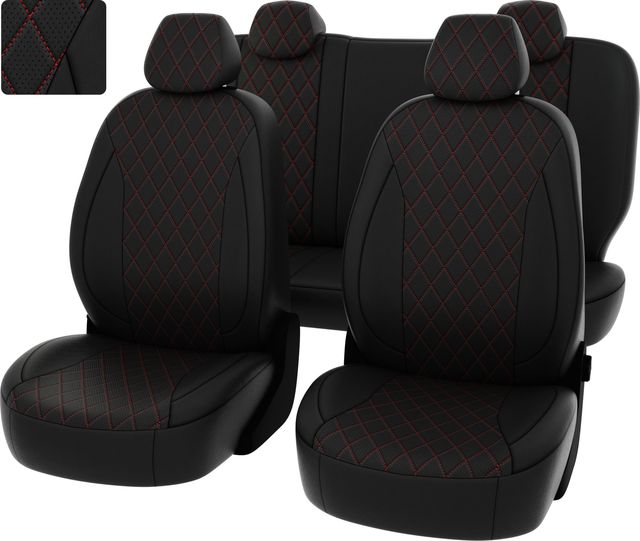 Чехлы PSV Статус на сидения для Skoda Octavia А7 Active, Ambition (без заднего подлокотника) 2013-2020, цвет Ромб Черный/отстрочка красная. Артикул 134694