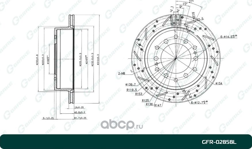 Диск тормозной перфорированный вентилируемый левый (G-Brake). Артикул GFR02858L