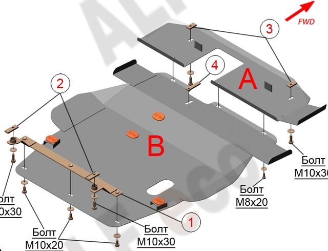 Защита алюминиевая Alfeco для картера и КПП Mitsubishi Galant VIII 1996-2003 (в т.ч. сборка США 2002-2006). Артикул ALF.14.21 AL4