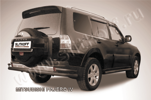 Защита Slitkoff заднего бампера d76/42 двойная ЧЕРНАЯ матовая для Mitsubishi Pajero IV 2006-2011. Артикул MPJ015B