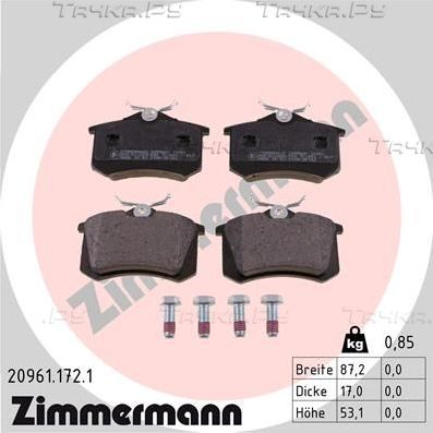 Тормозные колодки Zimmermann задние для SEAT Leon I 1999-2006. Артикул 20961.172.1