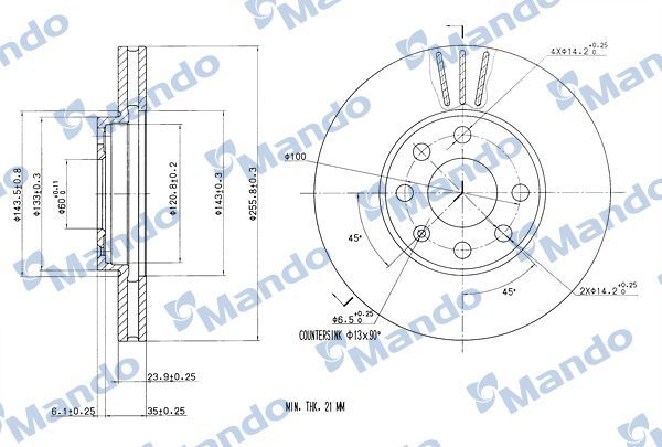 Тормозной диск Mando передний для Opel Astra G 1998-2009. Артикул MBC035173
