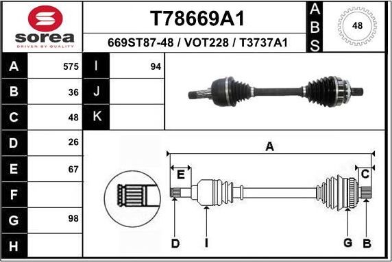 Полуось (привод в сборе, приводной вал) EAI для Volvo V70 II 2001-2007. Артикул T78669A1