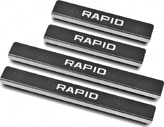 Накладки RusStal на пороги (лист нерж., карбон., надпись) для Skoda Rapid I 2012-2020. Артикул SKRAP12-06
