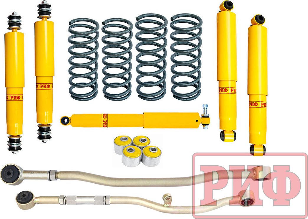 Лифт-комплект РИФ жесткий для Nissan Patrol Y61 (левый руль) 1997-2026, лифт 50 мм, нагрузка передних пружин + 100 кг, задних рессор до +0-400 кг. Артикул RIF-Y61-C-L