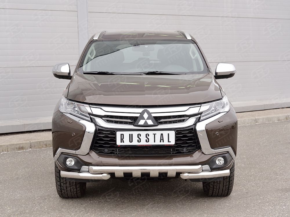 Защита RusStal переднего бампера d63 дуга-d63 уголки+клыки для Mitsubishi Pajero Sport III 2016-2020. Артикул MPJSZ-002486