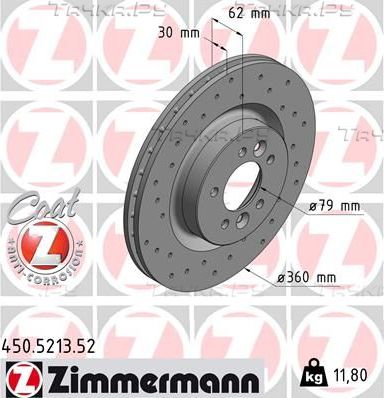Тормозной диск Zimmermann Sport Coat Z передний для Land Rover Discovery V 2016-2026. Артикул 450.5213.52
