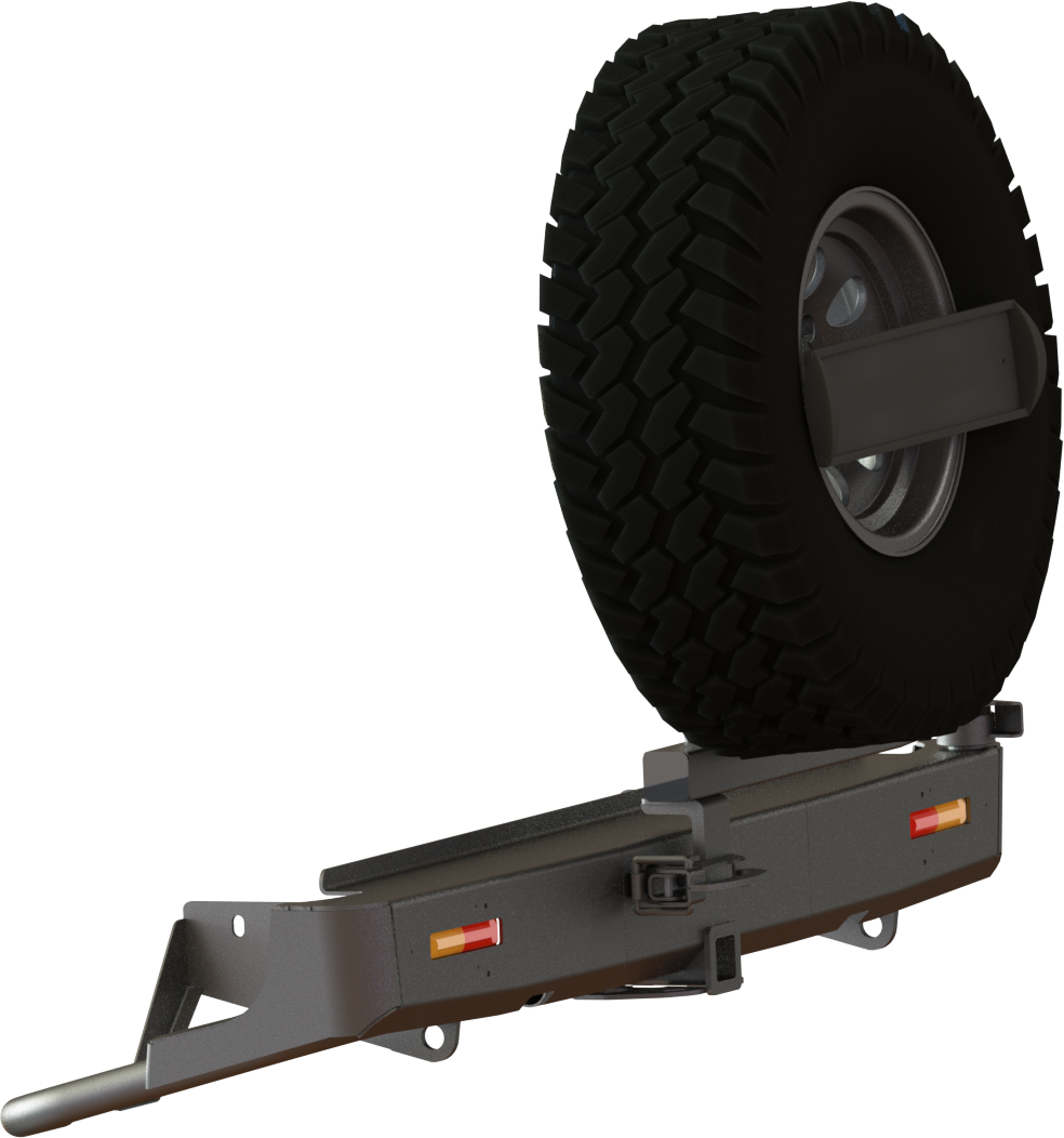 Бампер силовой STC задний для Nissan Navara 2010-2026 с квадратом под фаркоп, кронштейном крепления запасного колеса по центру, кронштейном крепления гос номера и дублирующими фонарями. Артикул STC-NN-BR-C1-L1