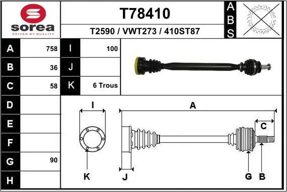 Полуось (привод в сборе, приводной вал) EAI. Артикул T78410