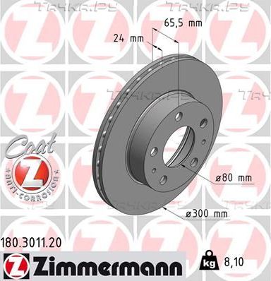 Тормозной диск Zimmermann Coat Z передний для Citroen Jumper II 2006-2026. Артикул 180.3011.20