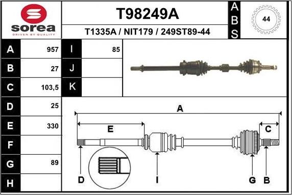 Полуось (привод в сборе, приводной вал) EAI передняя правая для Nissan Primera P11 1996-2002. Артикул T98249A
