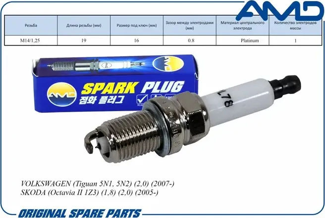 Свеча зажигания (Platinum) VWTiguan 5N1,5N2 2.0 07-/SKODA Octavia II 1Z3 1.8/2.0 (AMD). Артикул AMD.PL78