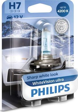H7 12V- 55W (PX26d) (абсолютно белый свет+увелич. срок службы) WhiteVision ultra блистер (1шт.) Philips WhiteVision ultra. Артикул 12972WVUB1