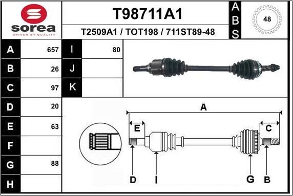Полуось (привод в сборе, приводной вал) EAI. Артикул T98711A1
