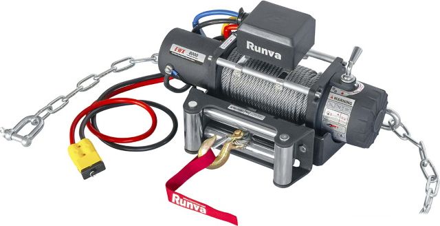 Переносная лебёдка РИФ: 12V Runva 8000 lbs 3629 кг c облегчённой площадкой на цепях и проводами (стальной трос) РИФ. Артикул EWX8000S-KIT1