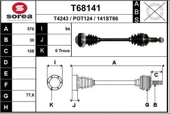 Полуось (привод в сборе, приводной вал) EAI. Артикул T68141