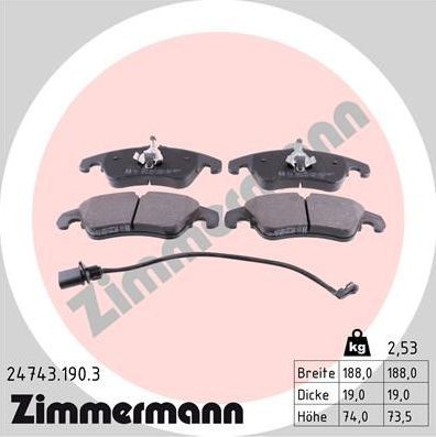 Тормозные колодки Zimmermann передние для Audi A5 II (F5) 2016-2024. Артикул 24743.190.3