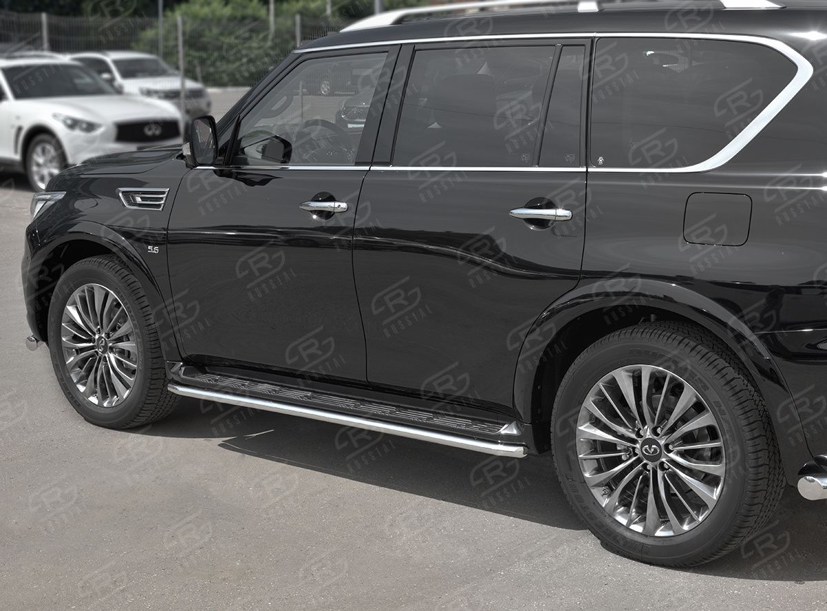 Защита RusStal порогов d42 (секции) для Infiniti QX80 I рестайлинг 2018-2026. Артикул IQX8T-003012