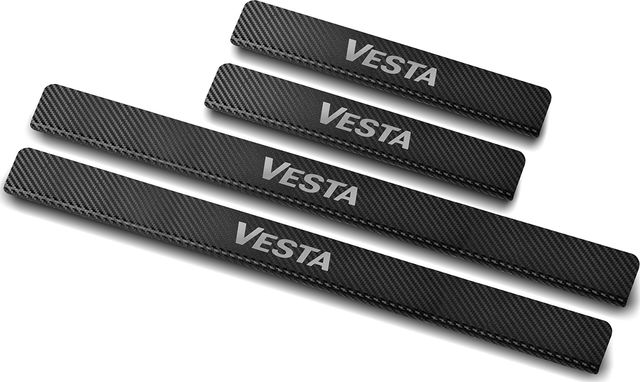 Накладки RusStal на пороги (лист нерж. карбон с надписью) для Lada Vesta I 2015-2026. Артикул LDVS15-06