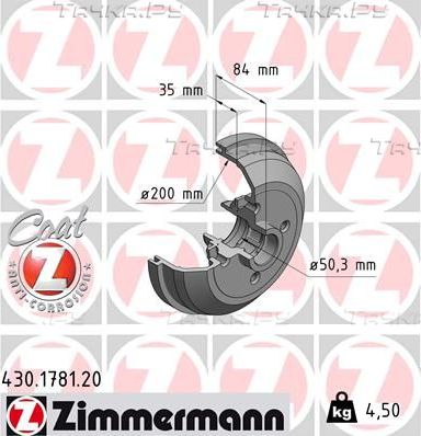 Тормозной барабан Zimmermann задний для Opel Tigra A 1994-2000. Артикул 430.1781.00