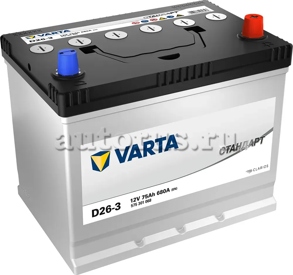 Аккумулятор VARTA СТАНДАРТ 75 А/ч Обратная EN680 А 258x174.5x223 D26-3-75 575301 Varta. Артикул 575301068