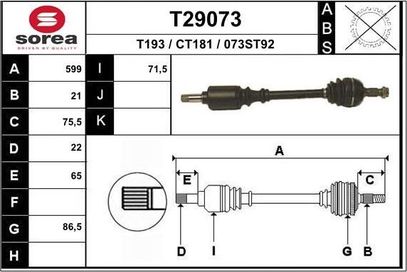 Полуось (привод в сборе, приводной вал) EAI. Артикул T29073