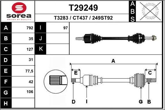 Полуось (привод в сборе, приводной вал) EAI. Артикул T29249