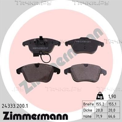 Тормозные колодки Zimmermann передние для Audi Q3 I (8U) 2011-2018. Артикул 24333.200.1
