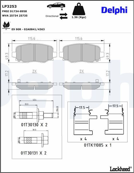 Тормозные колодки Delphi (Low-Metallic) для Jeep Cherokee V (KL) 2013-2026. Артикул LP3253